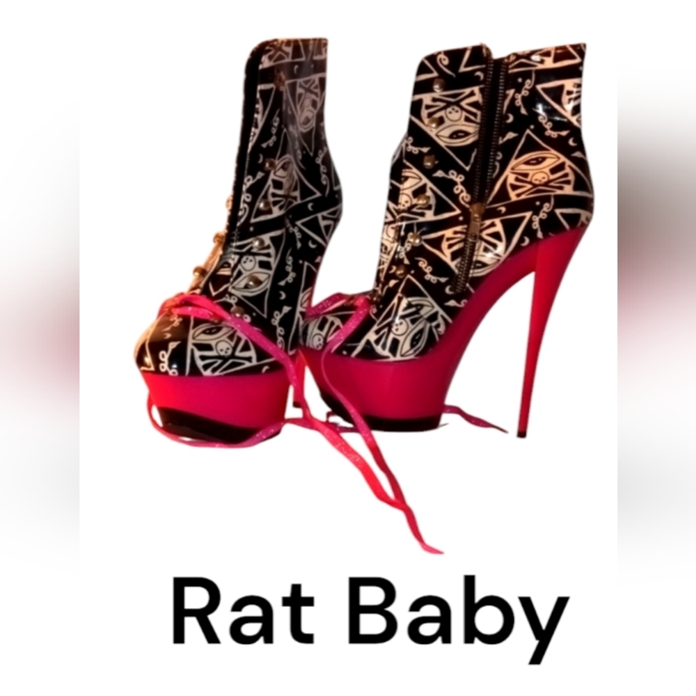 Rat Baby Pink & Black "Too Fast" Skull Platform Stilettoes- Size: 9 Whimsigoth